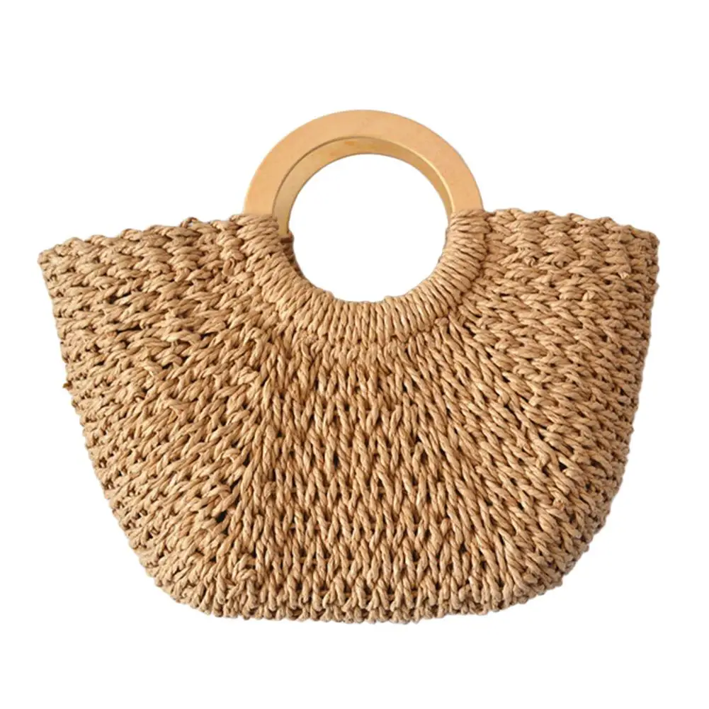 

Women Straw Hand Woven Bag Braided Tote Handbag Fashion Retro Handwoven Paper Rope Moon Shape Summer Beach Bags Wooden Handle