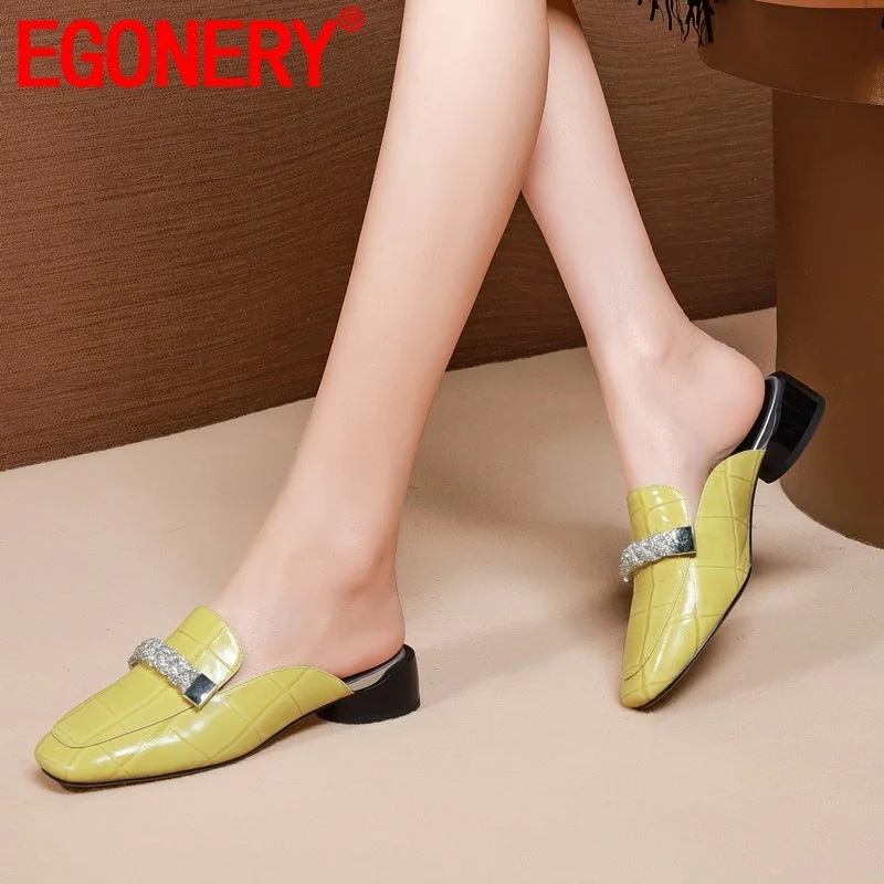 

EGONERY woman shoes 2019 summer new concise casual square toe genuine leather woman slippers outside comfortable ladies slides