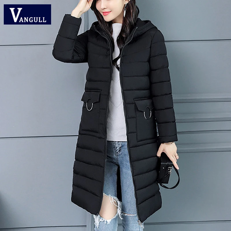 Vangull/женские зимние парки, пальто, теплые хлопковые пальто с капюшоном и длинными рукавами, новинка 2019 года, Осеннее однотонное длинное