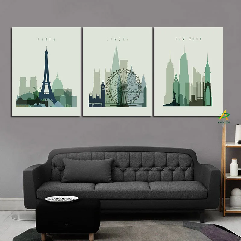 Ywdecor 3 Панель холст картины современных строительных Париж Эйфелева башня Лондон глаз Биг Бен Нью-Йорк небоскреб дома Декор в гостиную