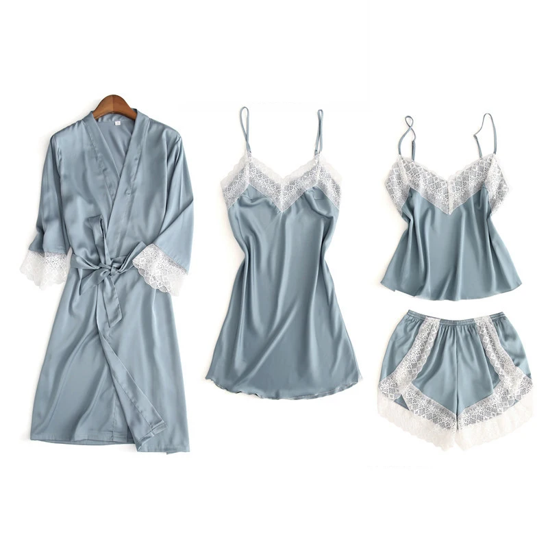 

4pcs/set Women Pajamas Set Emulation Silk Lace Bath Robe Nightgown Nightdress Sleepwear Set Spring Summer Female Homewear #F