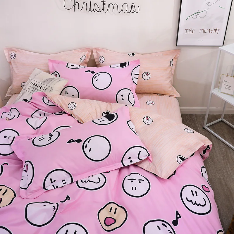 Pink Bedding Sets cartoon Bedclothes twin full queen king Quilt Cover cute bed Flat Sheet Pillow Cases Smiling duvet cover sets