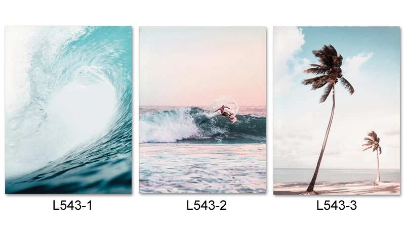 L543set Настенные художественные плакаты и принты для серфинга с изображением морской волны и пальмы, скандинавский домашний декор, настенные картины для гостиной - Цвет: L543set