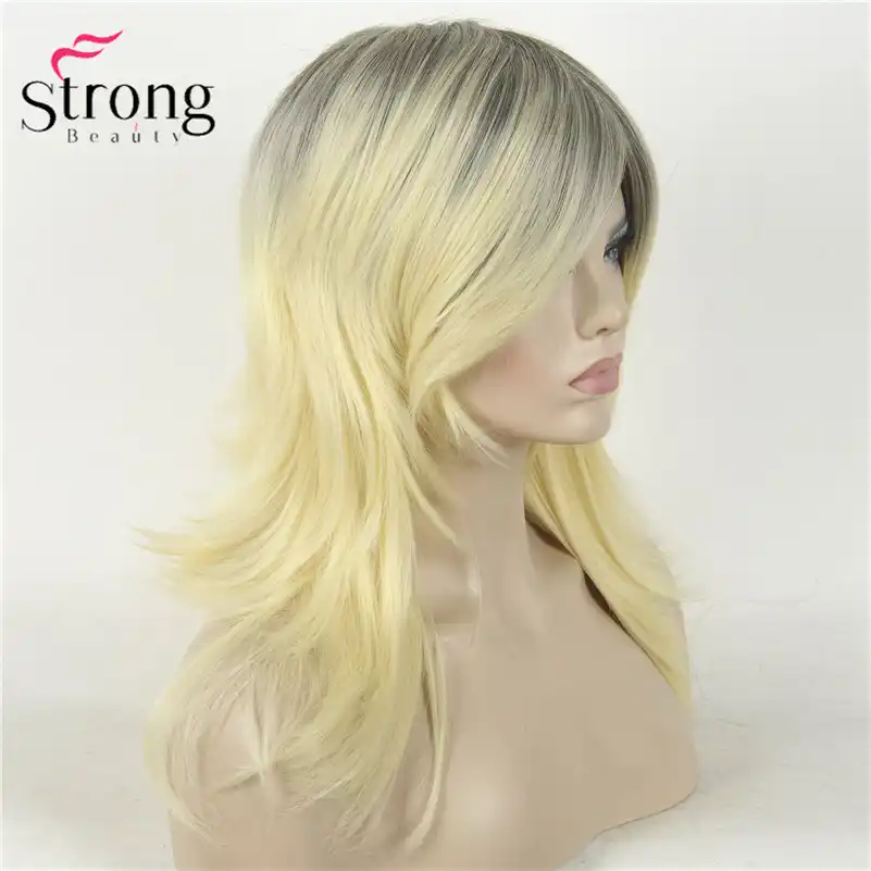 Long Straight Blonde With Dark Roots Ombre Choppy Layers Flip Out