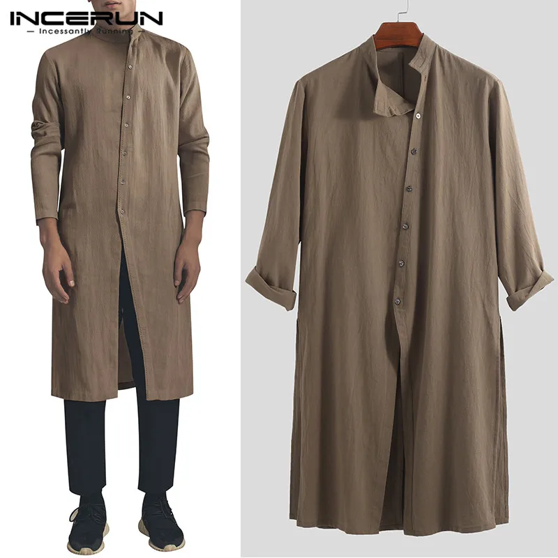 

INCERUN Men Loose Shirt Retro Personality Stand Collar Long Sleeve Indian Irregular Cardigan Button Casual Camisa Masculina 2020