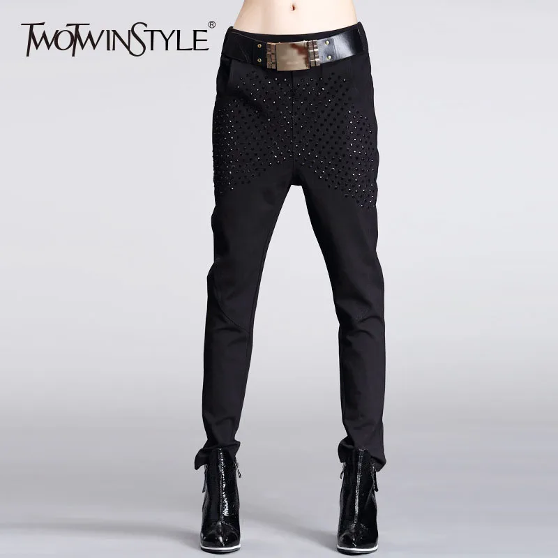 

TWOTWINSTYLE Harem Trouser For Women Diamonds Elastic Mid Waist Black Long Pants Female Big Size Spring Casual 2019 Clothing