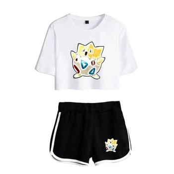 

Pokemon Pikachu white Exposed Navel t shirt+black shorts women's two-piece sets Fashion casual Pokemon girl's two-piece suits