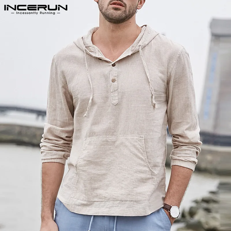 الرجال مخطط هوديس بلوزات مقنعين جيوب خمر أزياء بلوفرات الشارع الشهير عارضة رقيقة هوديي الرجال الملابس 2019 INCERUN