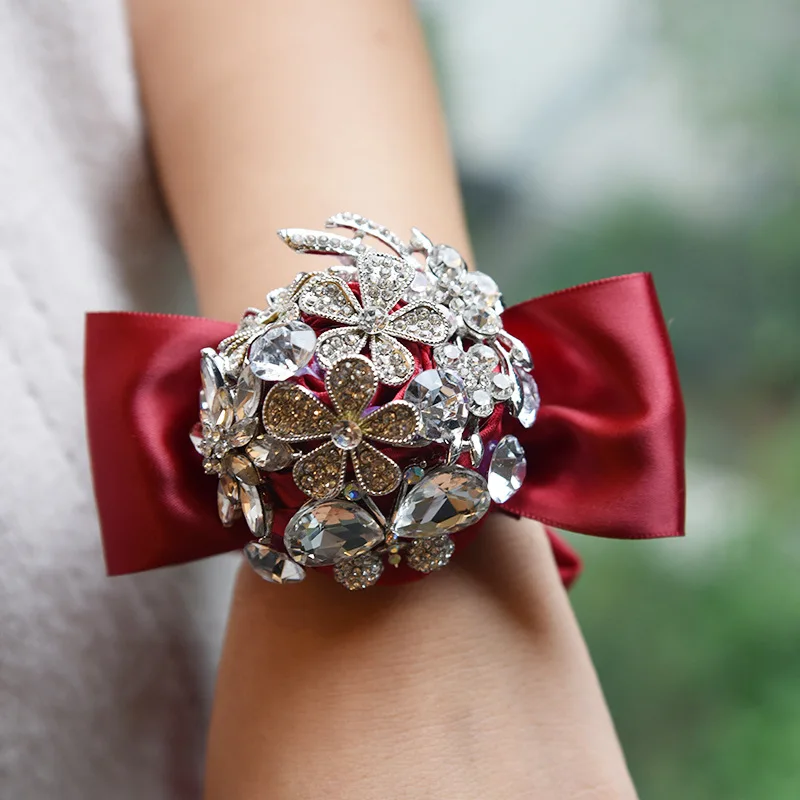 5pcslotCreativeRhinestoneWristFlowerBridesmaidSistersHandFlowersArtificialBride