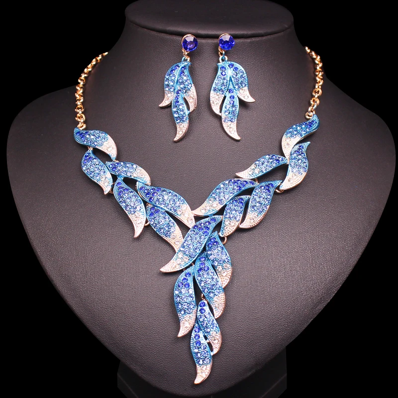 Luxury Full Rhinestone Jewelry Sets Women's Leaves Earrings and Necklace Set Indian Gold Color 