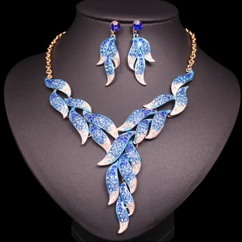 

Luxury Full Rhinestone Jewelry Sets Women's Leaves Earrings and Necklace Set Indian Gold Color Fashion Jewellery Gifts for Women