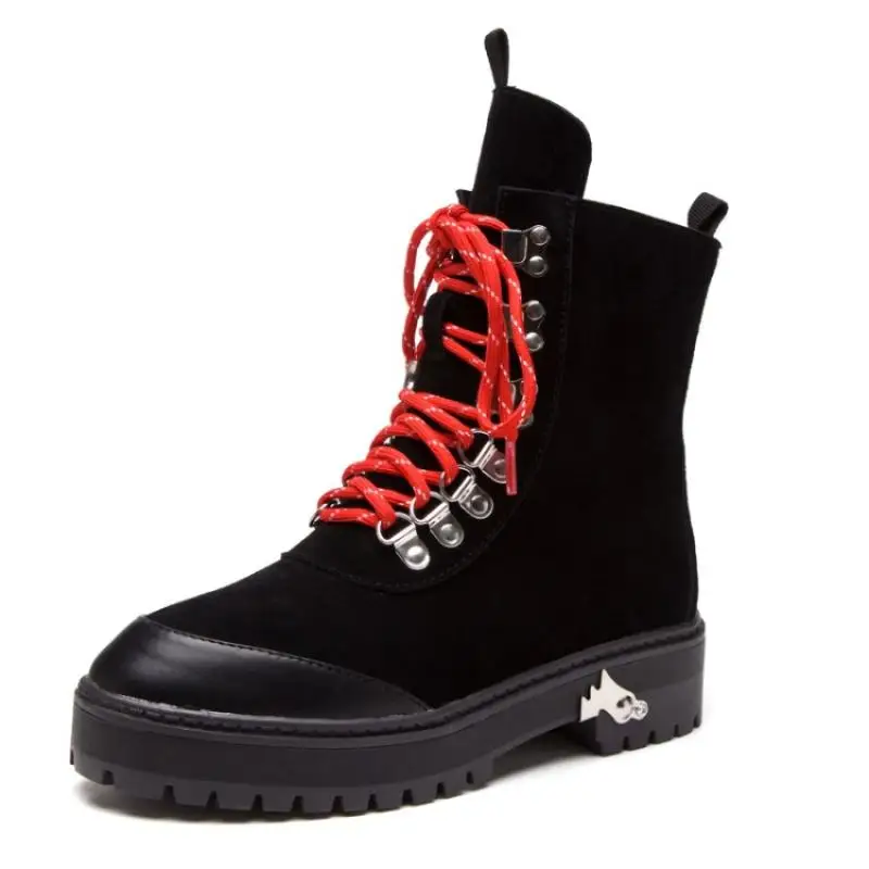 

2018 New Famous Brand Women Ankle Boots Black Dark Yellow Suede Martin Botas Round Toe No-slip Rubber Heel Rivets Buckle Shoes