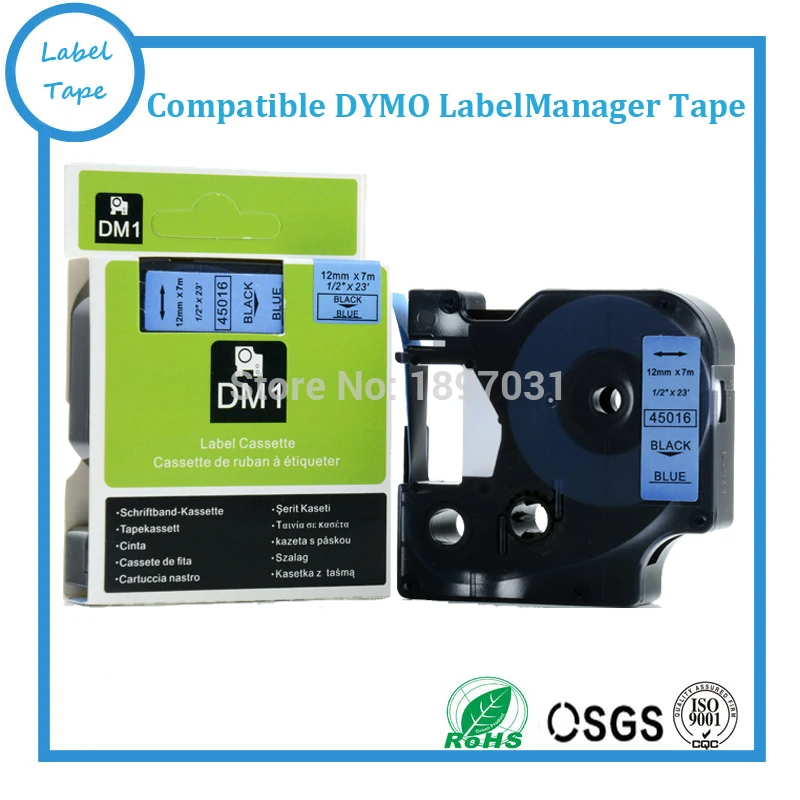 Great Quality Black on Blue Label Tape Compatible for DYMO D1 45016 1/2 X 23' 
