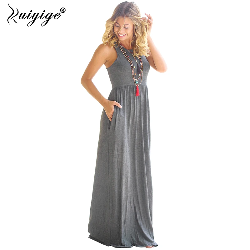 

Ruiyige 2018 Stretch Large Size Dress Casual Soft Sleeveless O-Neck Long Solid Color Lady Holiday High Waist Maxi Summer Dress