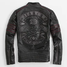 FREIES VERSCHIFFEN 2017 Neue Männer Echtes Leder Schädel Motorradjacke Stehkragen Echte Rindsleder Slim Fit Plus Größe 4XL Biker mantel