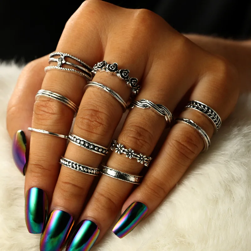GUVIVI набор колец в богемном стиле, готические панковские кольца на палец, Винтажный серебряный цвет, геометрический цветок, кольца на кончик пальца, кольца средней длины для женщин, ювелирные изделия