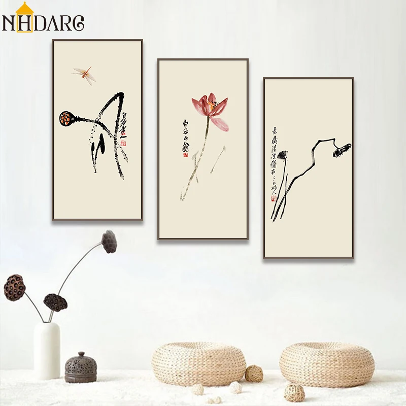 Китайский стиль цветок лотоса водяная Лилия дзен от Qibaishi элегантность плакаты и принты холст живопись настенные картины для гостиной