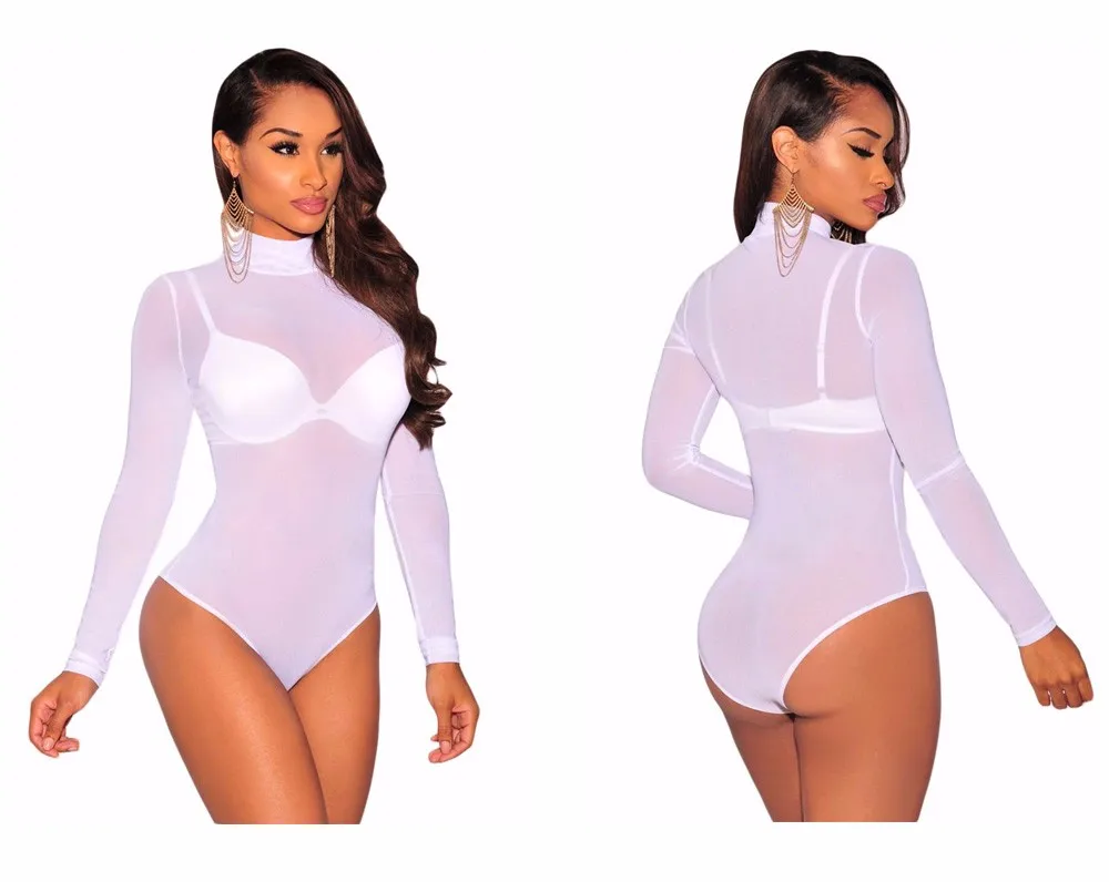 SEBOWEL Sexy Black Sheer Mesh Bodysuit Women Long Sleeve Nude Bodysuits See Through Jumpsuits Club Body Suit macacao feminino