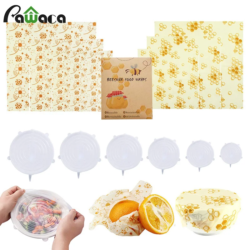 

12pcs Beeswax Wraps and Silicone Stretch Lids Reusable Durable Expandable Keep Fresh Food Cover for Fruits & Vegetables and Bowl