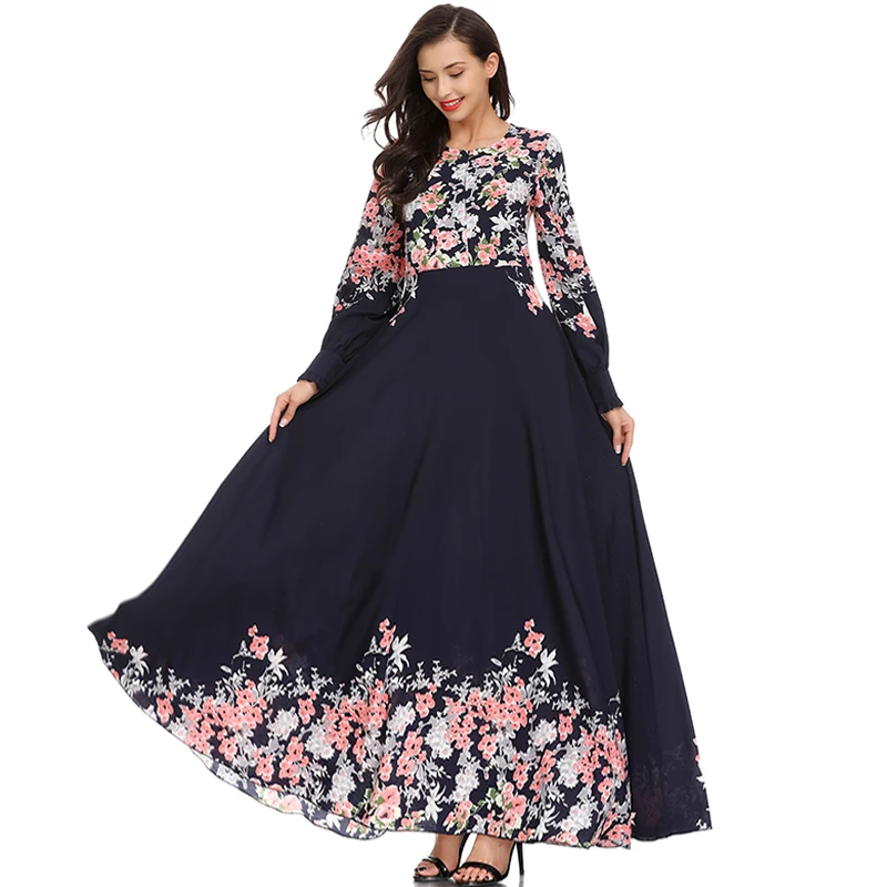 

HANZANGL Autumn Dress 2018 New Muslim Women Long Sleeve Print Dress Middle Eastern Casual Vintage Long Robe