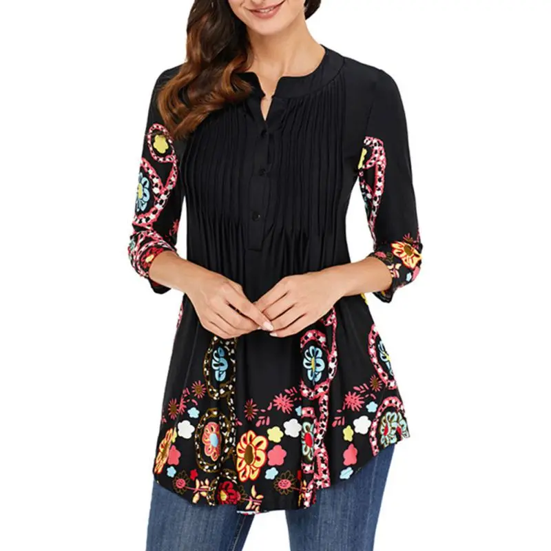 

Women O-Neck Blouses Medium Length Tunic Floral Printed Three Quarter Sleeves Top Vintage Casual Long Shirt