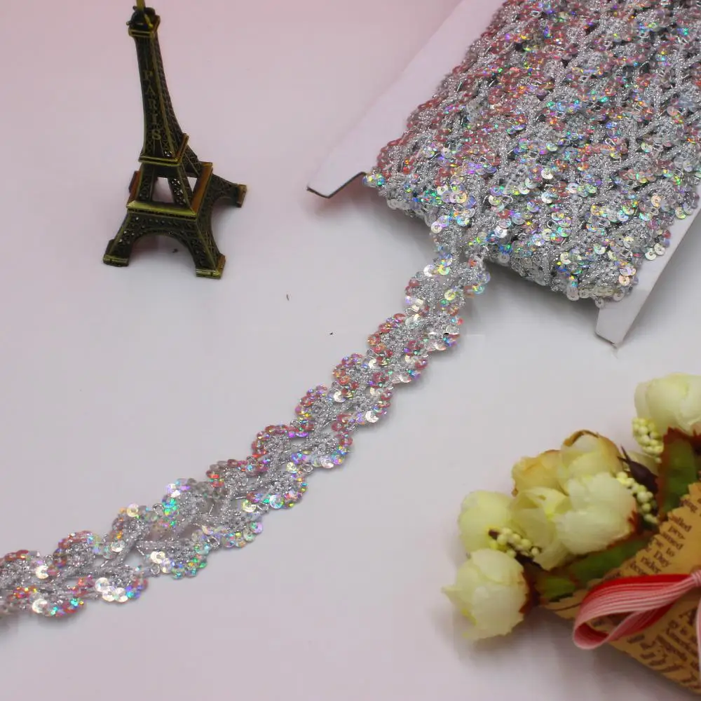 Sequined Embroidery Lace Ribbons Braided Bobbin Lace Scalloped 12 Yards 1'' Wide lace ribbon