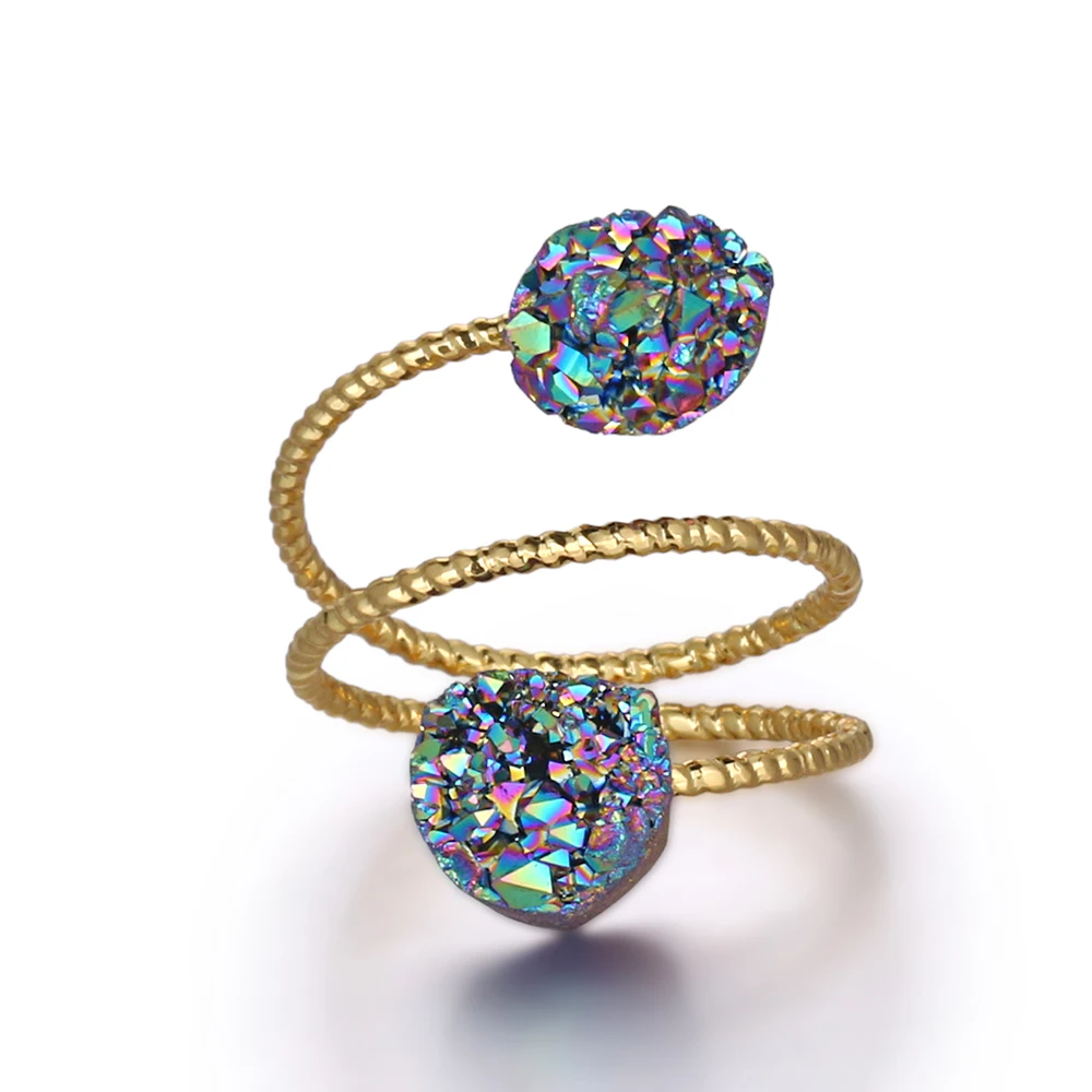 

Rainbow Crystal Quartz Wire Wrapped Finger Rings Gold Natural Double Gem Stone Druzy Ring Adjustable for Women Men Drusy Jewelry