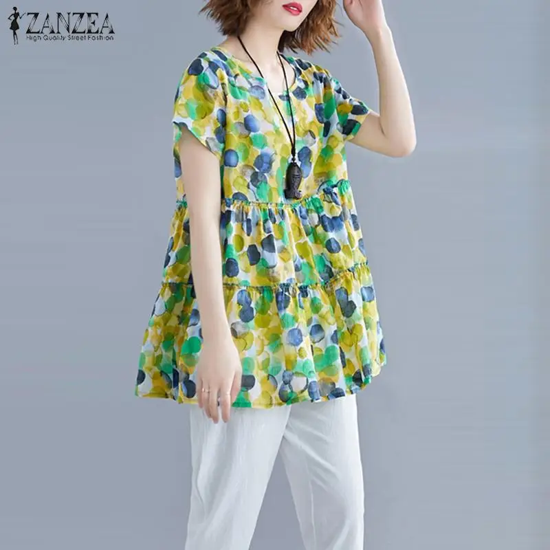 2019 ZANZEA النساء قمصان مكشكشة عارضة الصيف تونك قمم قصيرة الأكمام بلوزة الإناث فضفاض البوهيمي الزهور المطبوعة Blusas موهير