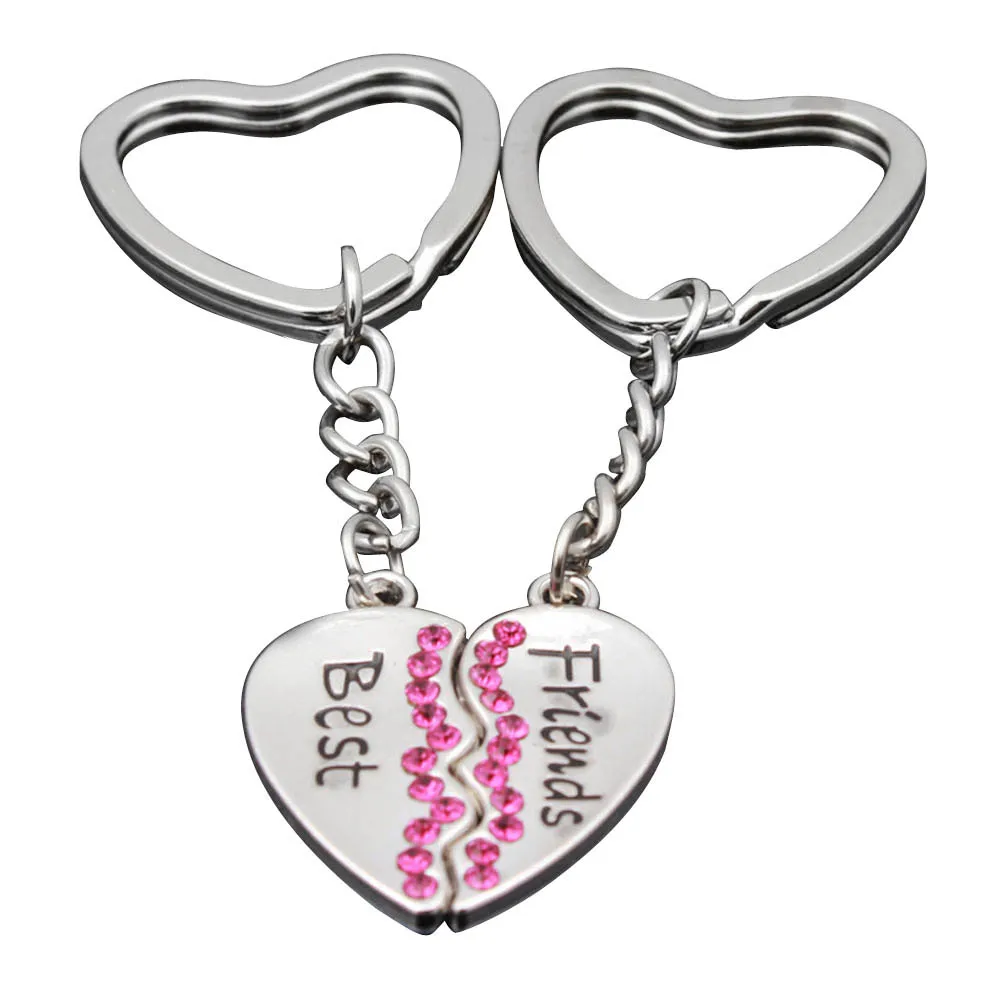 2pcs New Best Friends Friendship Crystal Rhinestone Metal Love Heart Pendant Keychain Keyring