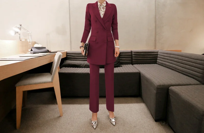 BGTEEVER, модный фиолетовый женский брючный костюм, двубортный, Длинный блейзер, пиджак и прямые брюки, для работы, бизнес, 2 предмета, набор