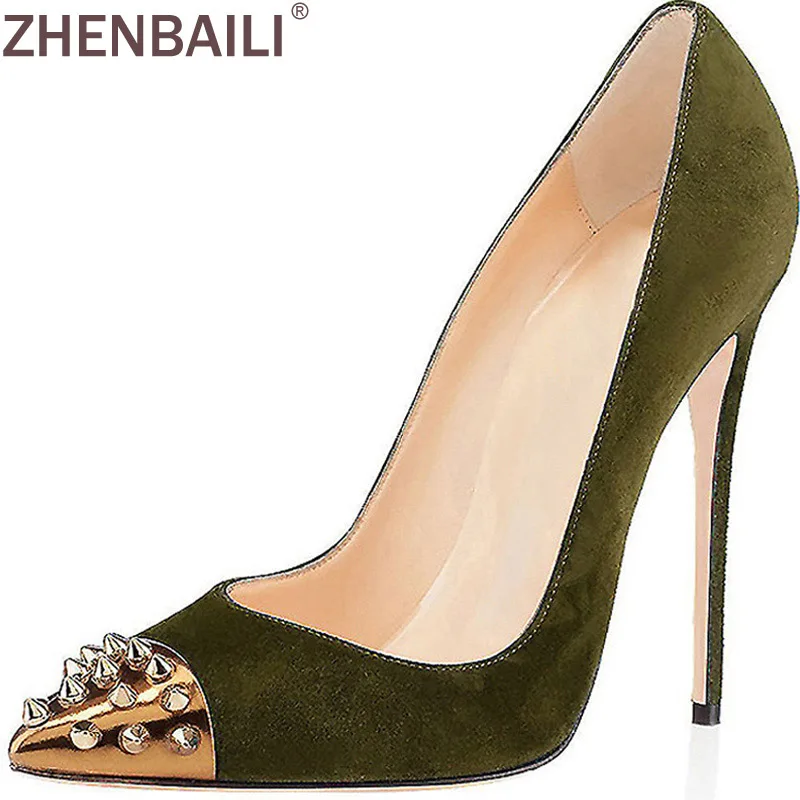 

ZHENBAILI 12CM Super High Heel Shoes Spring Fashion Flock Fabric Women Thin Heel Shoes Slip-On Pointed Toe Rivets Detail Pumps