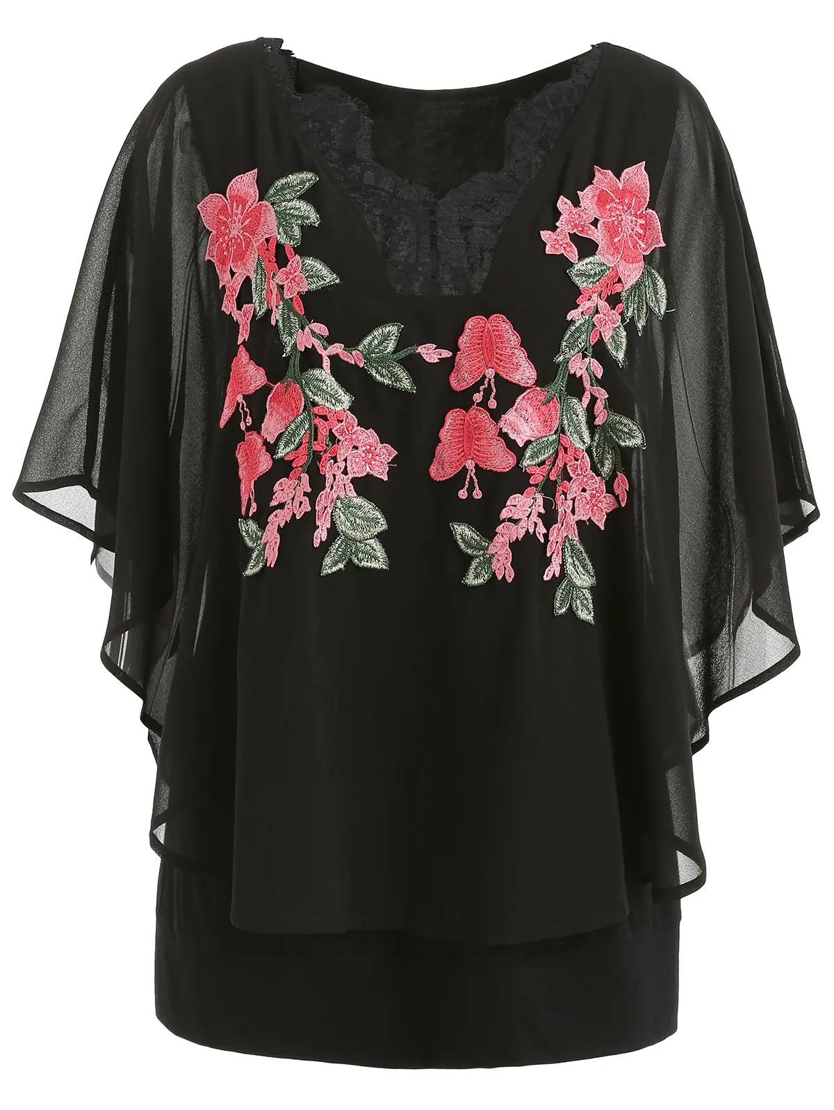 Wipalo Plus Size 5XL Embroidery V Neck Overlay Cape Blouse Women Summer Chiffon 3/4 Sleeve Ladies Tops Casual Clothing|Блузки| |