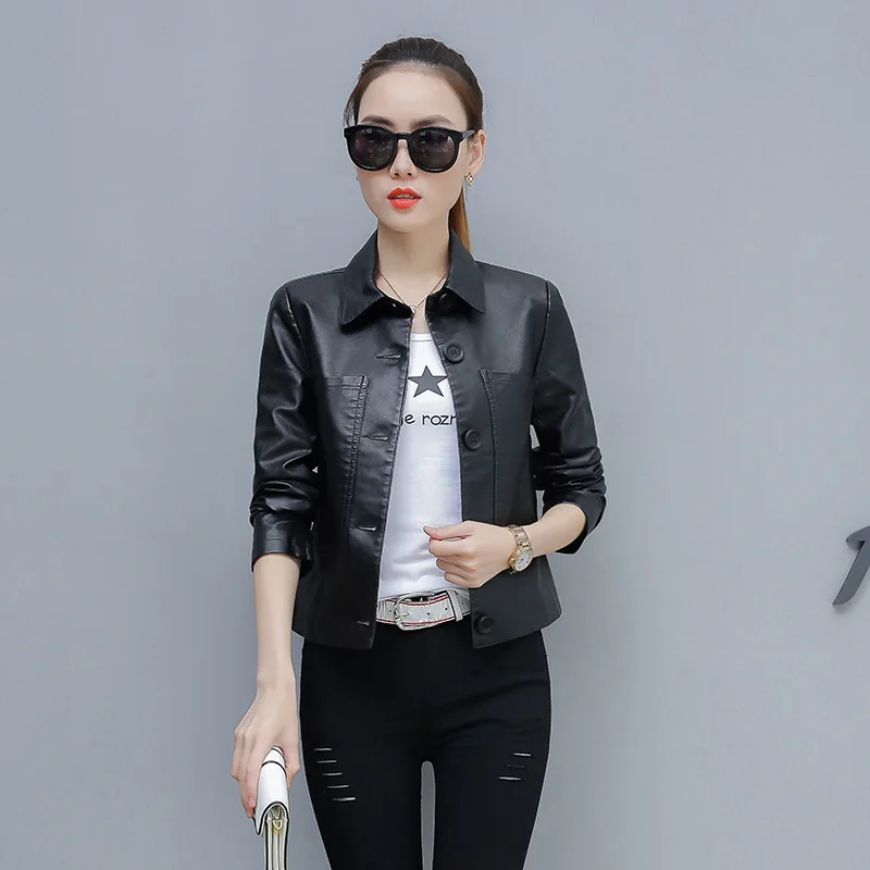 

2019 New Fashion Women Spring Autumn Black Faux Leather Jackets Basic Coat PU Leather Soft Jacket Plus Size 3XL 4XL