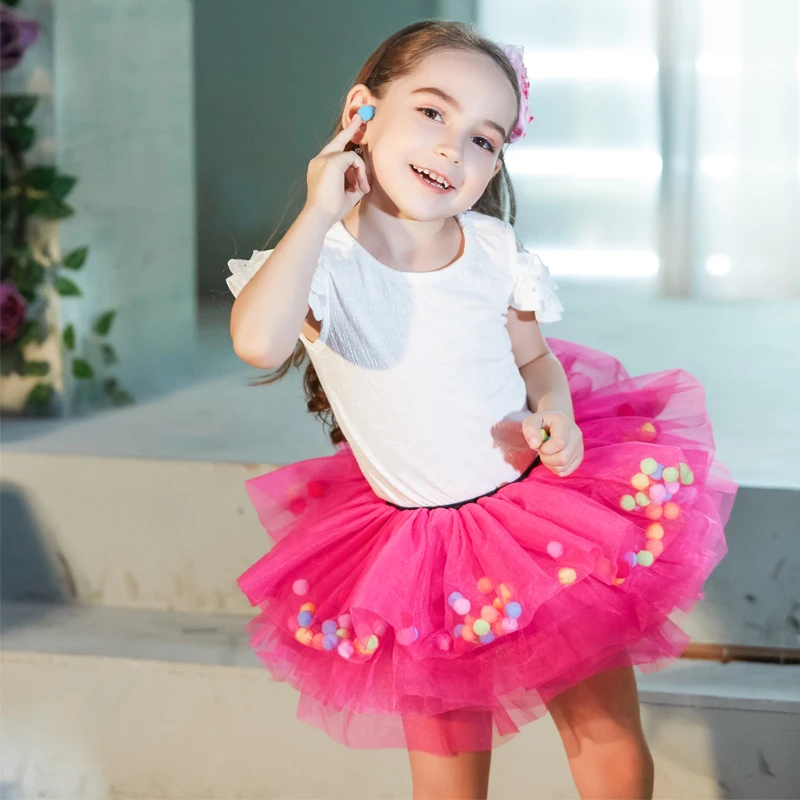 Buenos Ninos Baby Girls Fluffy 8-Layers Ballet Dance Pettiskirt Girl Princess Tulle Skirt With Pompom Puff Balls For 1-6T18