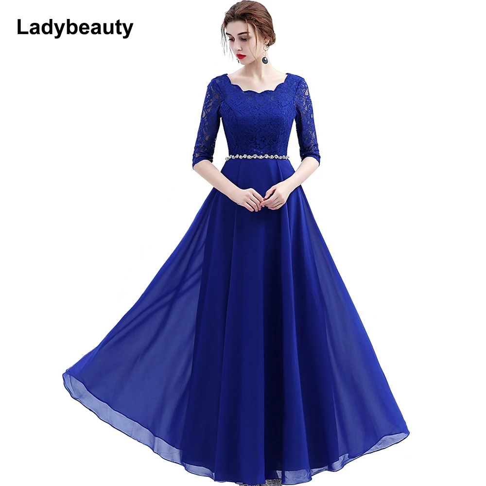 2016 Custom Made Elegant Black Winter Evening Dresses Lace Half Sleeve Robe De Soiree Long Vestido