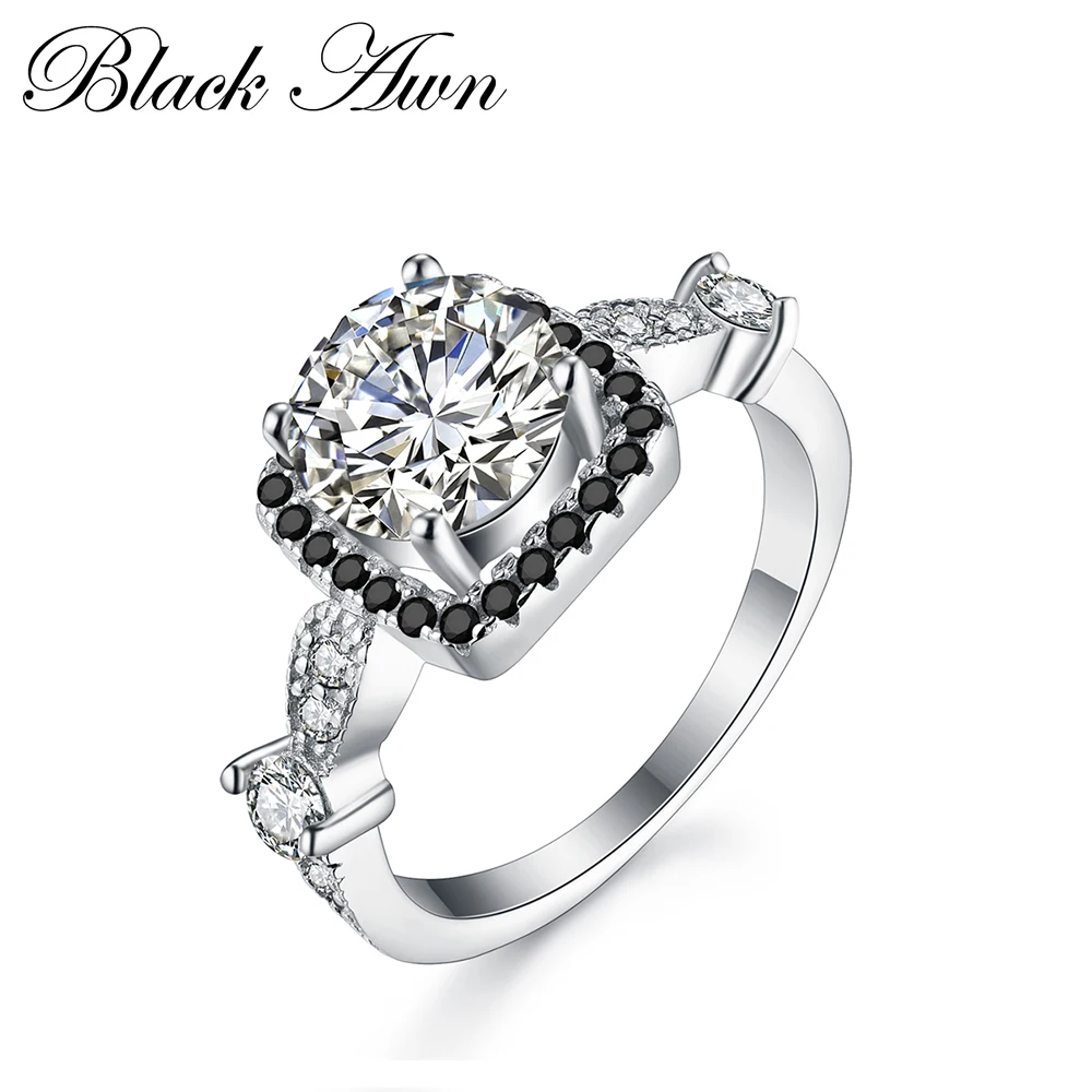 

[BLACK AWN] Genuine 925 Sterling Silver Jewelry Wedding Rings for Women Square Black&White Stone Ring C216