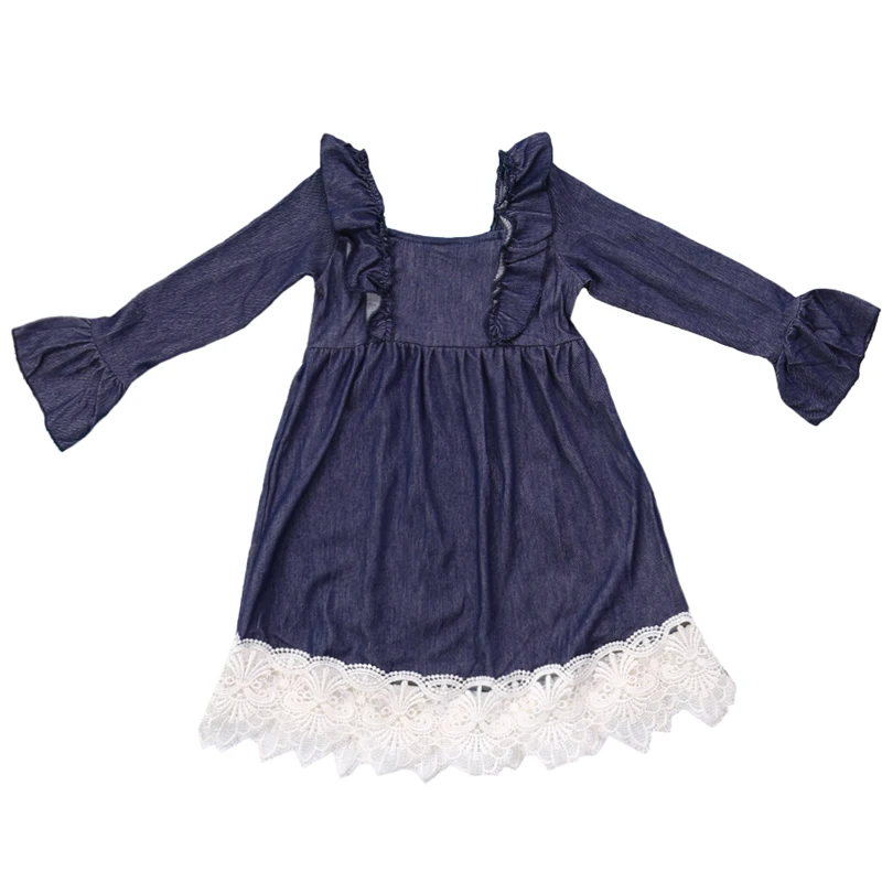 MUDBALA/джинсовое Хлопковое платье с оборками и длинными рукавами; платья с оборками для девочек-подростков в западном стиле; кружевное платье-туника