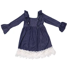 MUDBALA/джинсовое Хлопковое платье с оборками и длинными рукавами; платья с оборками для девочек-подростков в западном стиле; кружевное платье-туника