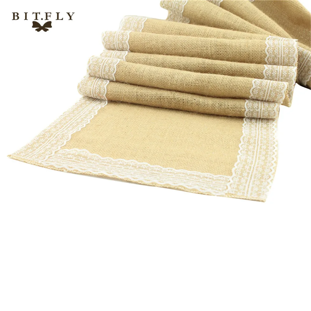 

Plus Size 30CM *275CM Vintage Jute Burlap Table Runner with White Lace Trim Wedding Table cloth Party Decorations