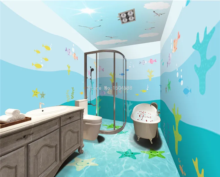 3D мультфильм море вид рыбы Настенные обои ванная комната ПВХ самоклеющиеся водонепроницаемый фон стены стикеры Современные Простые обои