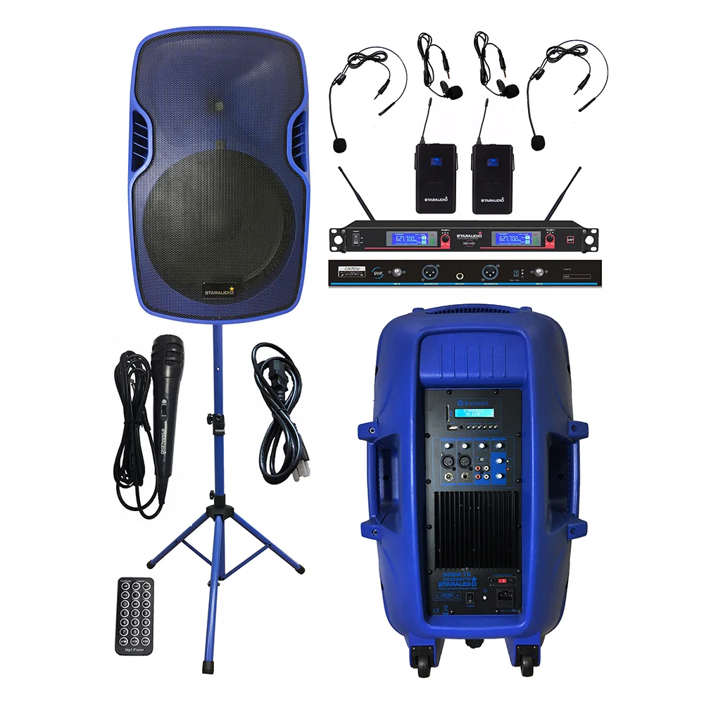 

STARAUDIO 3500W Powered DJ 15 Inch Active Party Speaker PA Stand Wired Mic Dual Channel Wireless UHF Headset Microphone SSBM-15