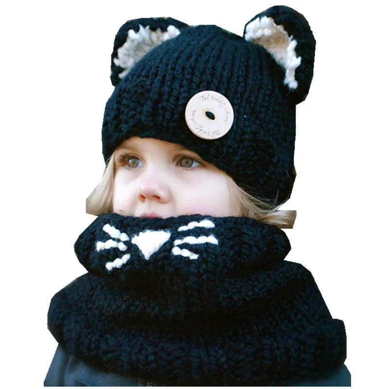 Новинка года; зимняя теплая шапка для девочек; комплект с шарфом; трикотажные шапки для маленьких детей; шарфы-кольца для мальчиков; комплект из 2 предметов для детей - Цвет: black