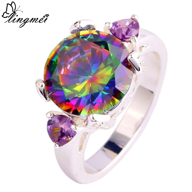 Женские и мужские кольца lingmei Rainbow CZ &amp фиолетовый серебристый цвет размеры 6 7 8 9 10