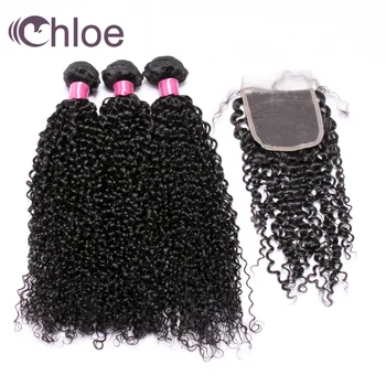 

Chloe Hair Brazilian Remy Human Hair Kinky Curly 3 Bundles With Closure 4*4 Free Part Middle Part Three part Closure