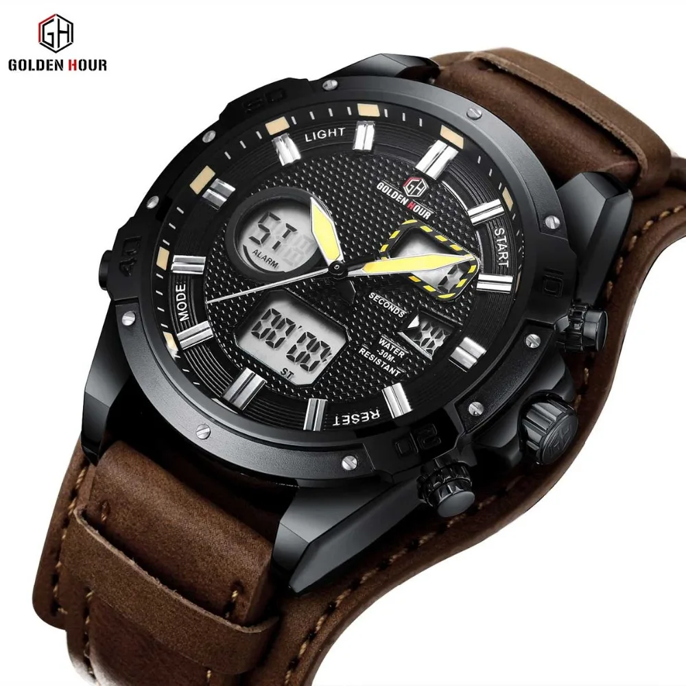 

GOLDENHOUR 2018 Fashion Casual Digital Quartz Mens Watches Waterproof Alarm LED Display Dual Time Watch Men Top Brand Luxury