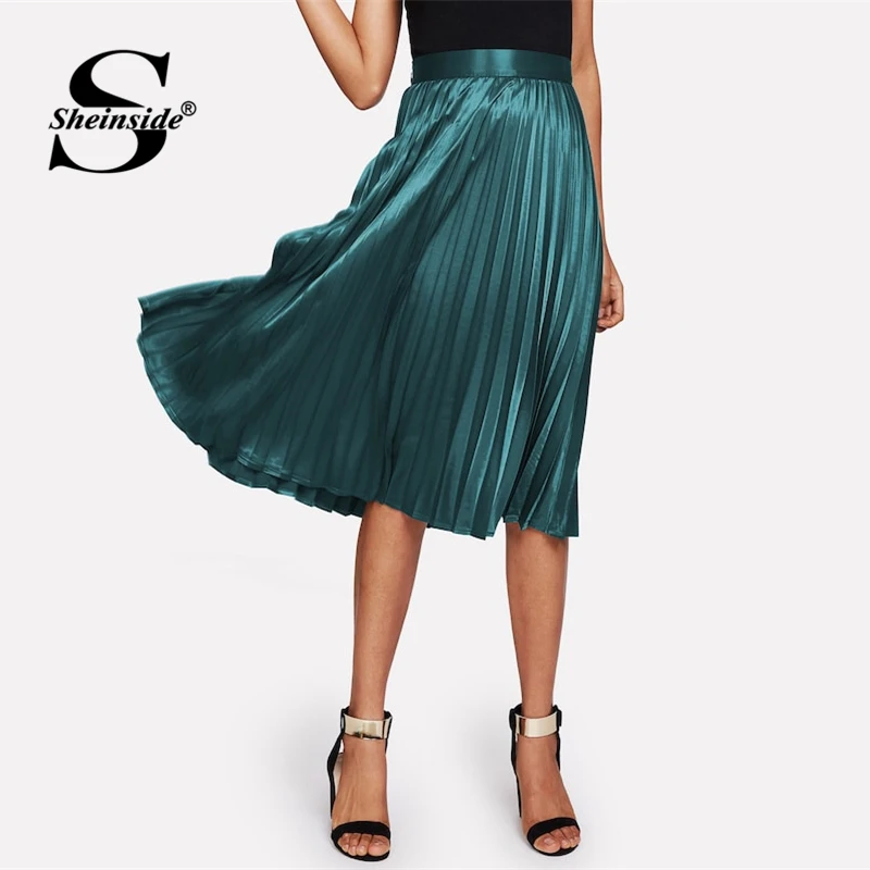 

Sheinside Green Elegant Satin Pleated Flared Skirt Women 2019 Spring Mid Waist Zipper Skirts Ladies Solid Midi Skirt