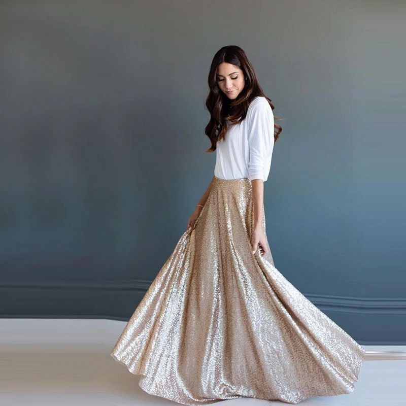 2018 Chic Sequins Champagne Long Skirts Full Length Autumn Women Skirts