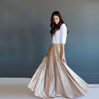 

2018 Chic Sequins Champagne Long Skirts Full Length Autumn Women Skirts Custom Made Bridesmaid Party Skirts