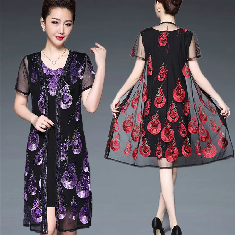 Китайский стиль, модное женское элегантное платье-двойка с вышивкой, для среднего возраста, женское летнее вечернее платье, туника, vestido, плюс размер, 5XL