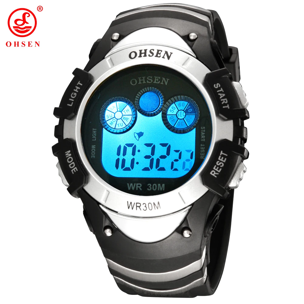 Фирменные OHSEN Мужская Обувь для мальчиков цифровой спортивные часы Водонепроницаемый 30 м Плавание резинкой наручные часы светодиодной